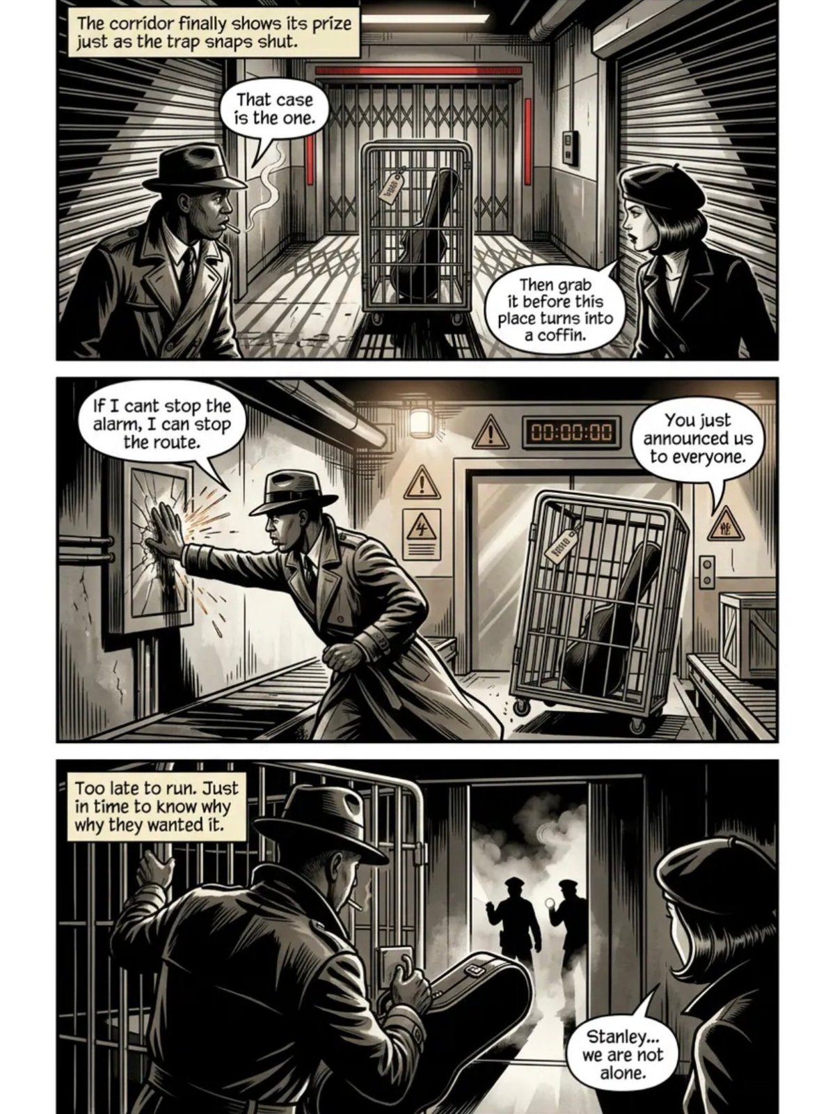 Black and white comic strip showing two men in fedoras planning a heist, discovering an alarm system, and confronting an unexpected presence.