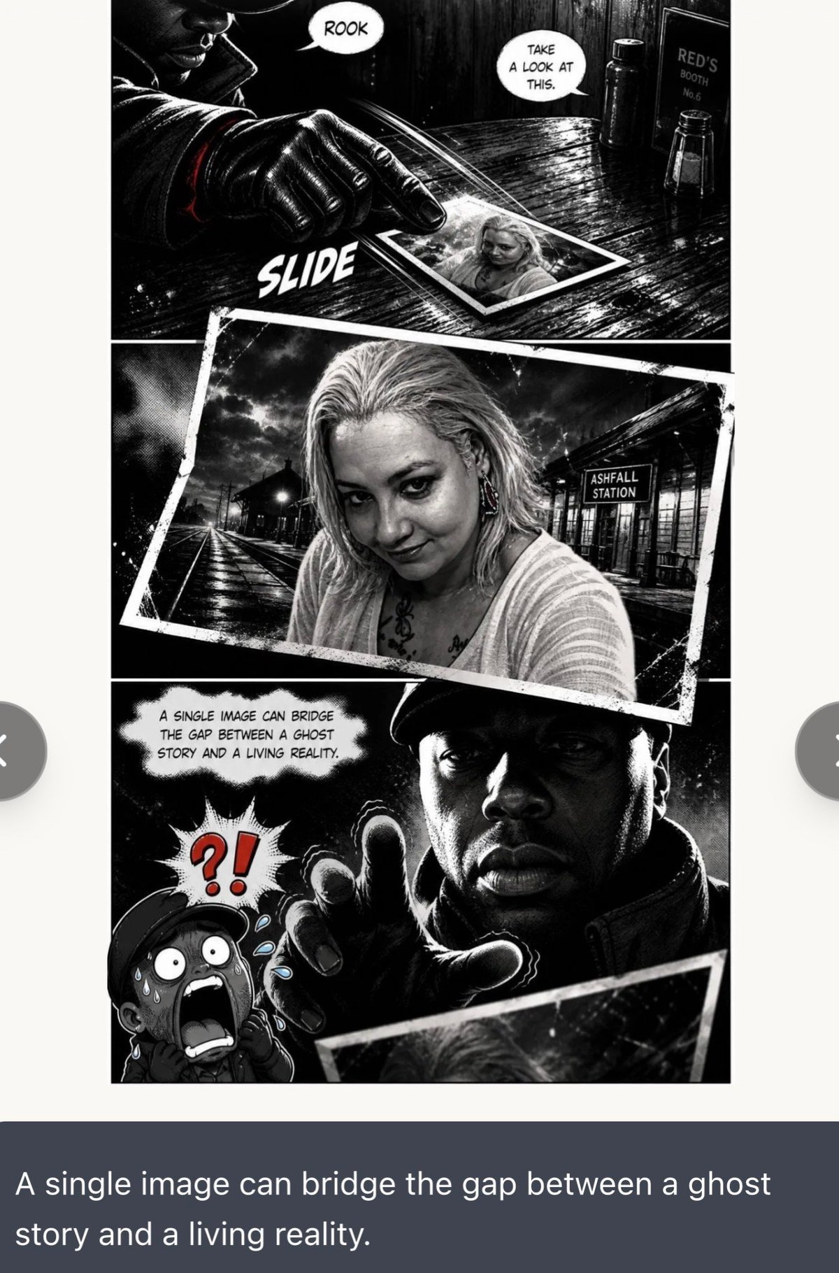 Black and white comic panel sequence showing hands with phone, woman at night, and shocked character with text about bridging ghost stories and reality