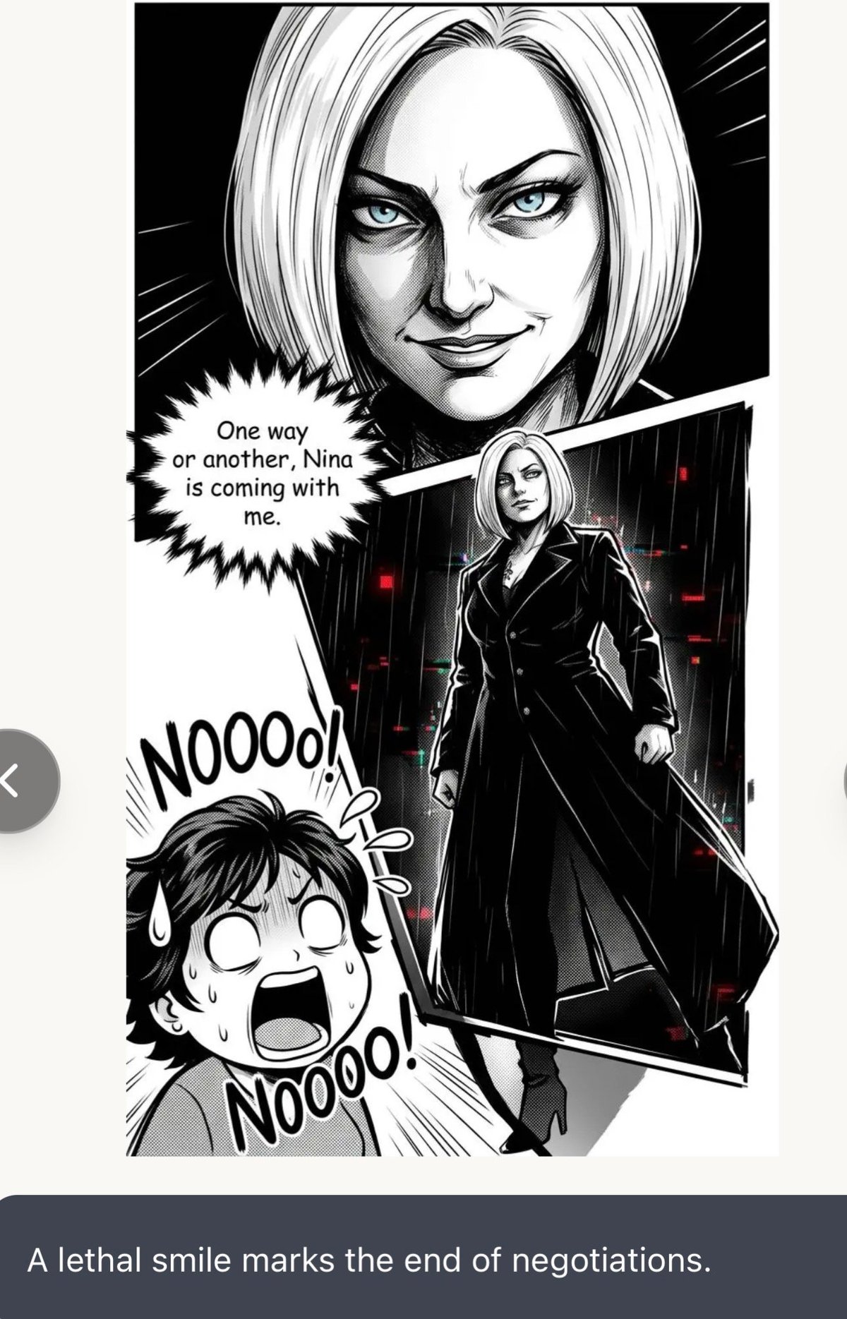 Black and white manga-style comic panel showing a menacing woman with blonde hair confronting a distressed child character, depicting a dramatic confrontation scene