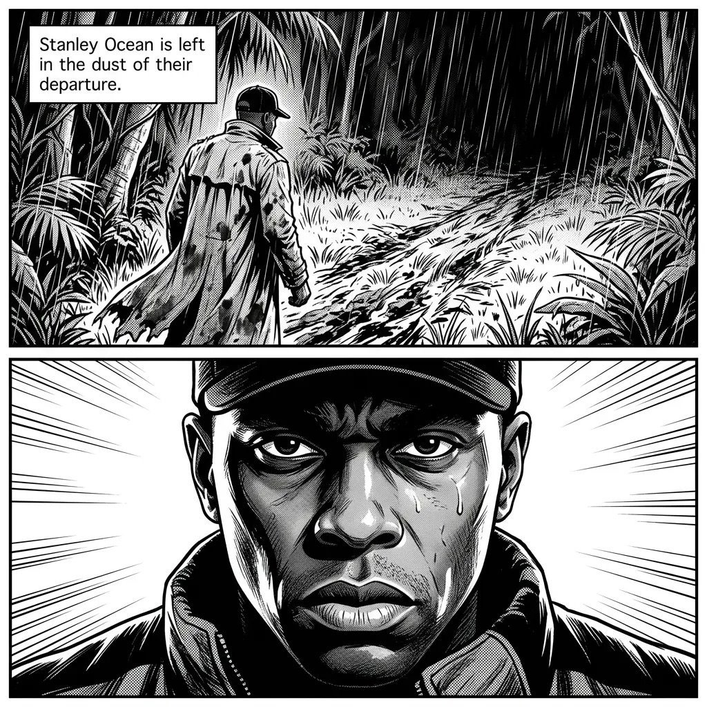 Black and white comic panel showing Stanley Ocean left behind in jungle dust, with close-up of mans face below