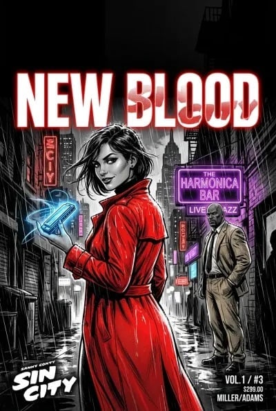 Comic book cover showing a woman in a red coat holding a glowing blue object in a noir-styled city street with neon signs