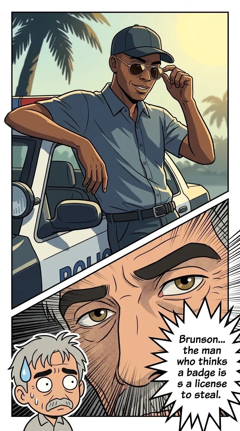Comic panel showing a police officer leaning against a patrol car wearing sunglasses and a cap, with a close-up of a suspicious characters face below, captioned about a badge.