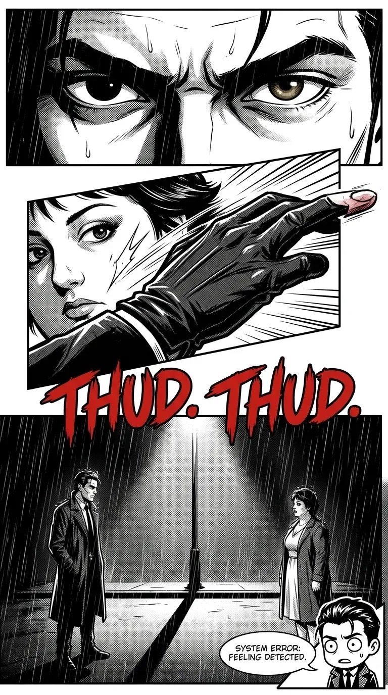 Black and white manga comic page showing intense close-ups of a characters eyes and hand in action, with two figures in rain and system error message below.