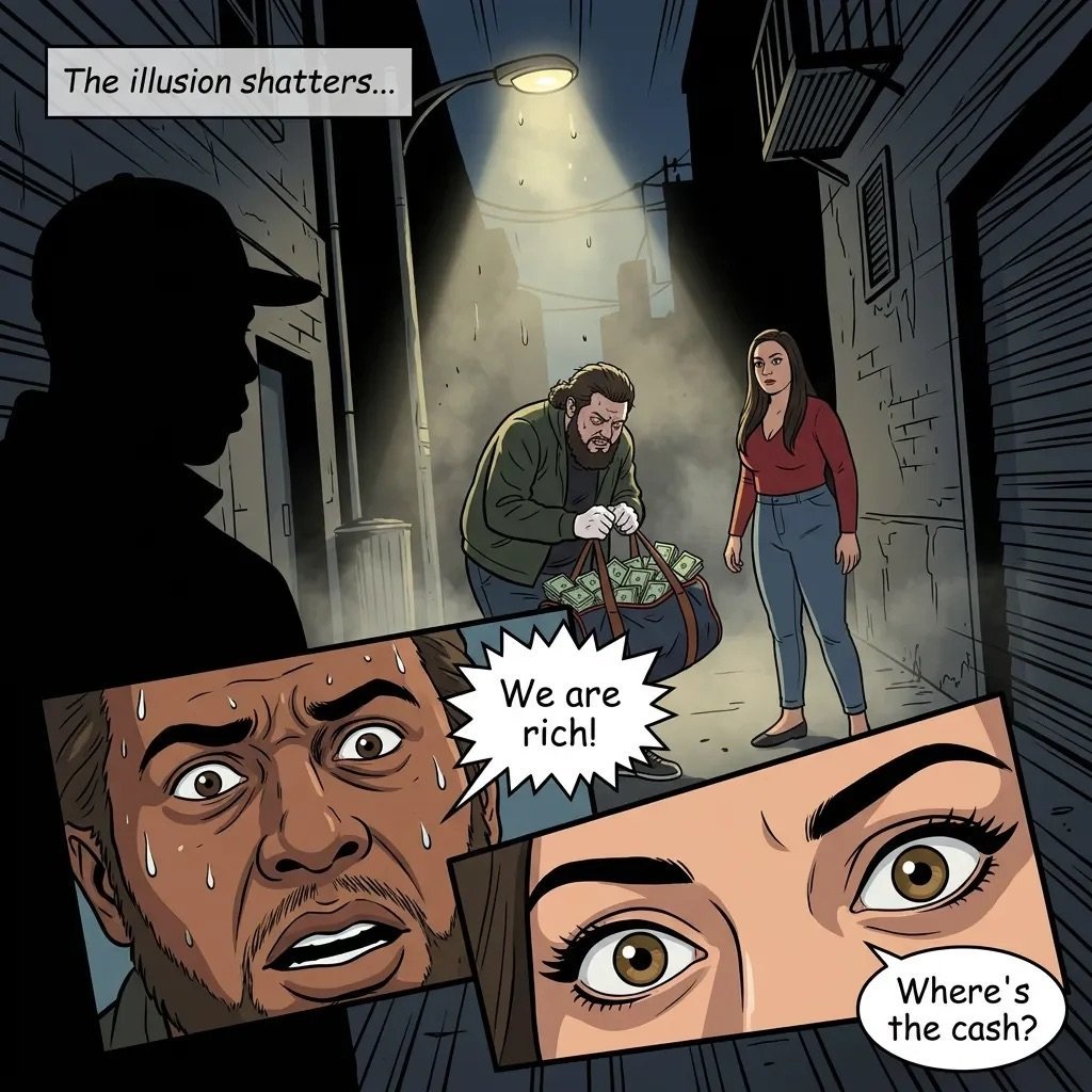 Comic panel showing an alley scene with silhouetted figure, couple finding money, and close-ups of two peoples shocked faces with dialogue about wealth and cash