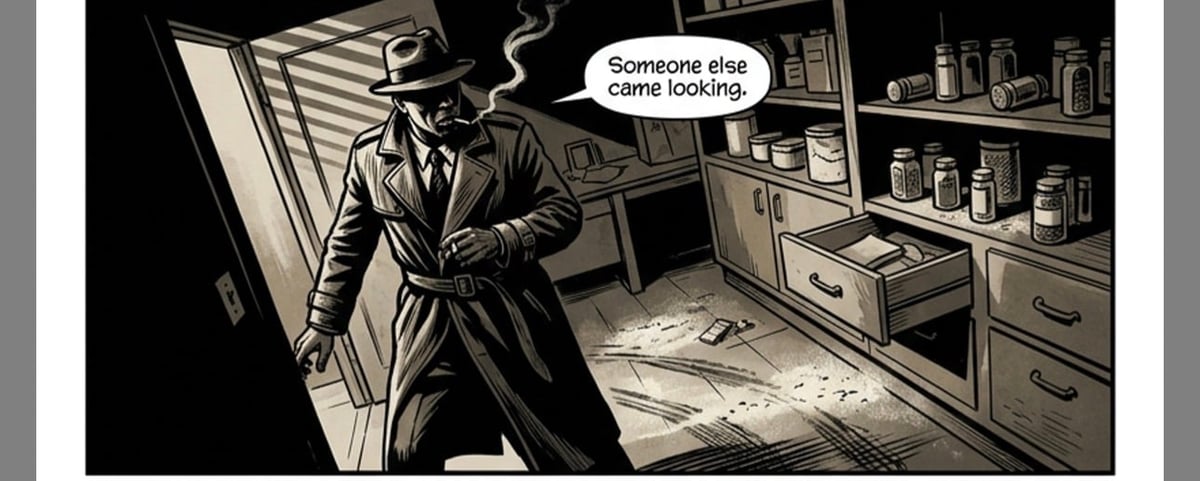 Film noir style illustration of a detective in a hat and trench coat standing in a messy office, with a speech bubble saying Someone else came looking