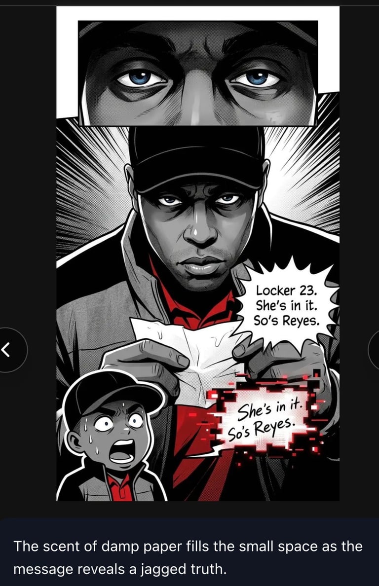Black and white manga-style illustration showing a person in a cap holding a note, with text bubbles reading Locker 23. Shes in it. Sos Reyes and a smaller frightened character below.