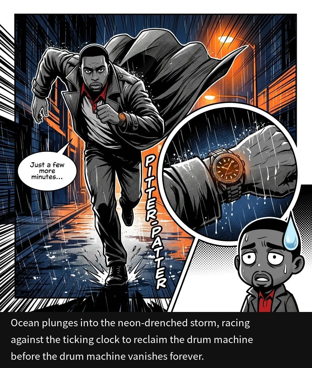 Man in suit running through rain in neon-lit city with speech bubble saying Just a few minutes... and inset showing watch and worried cartoon face