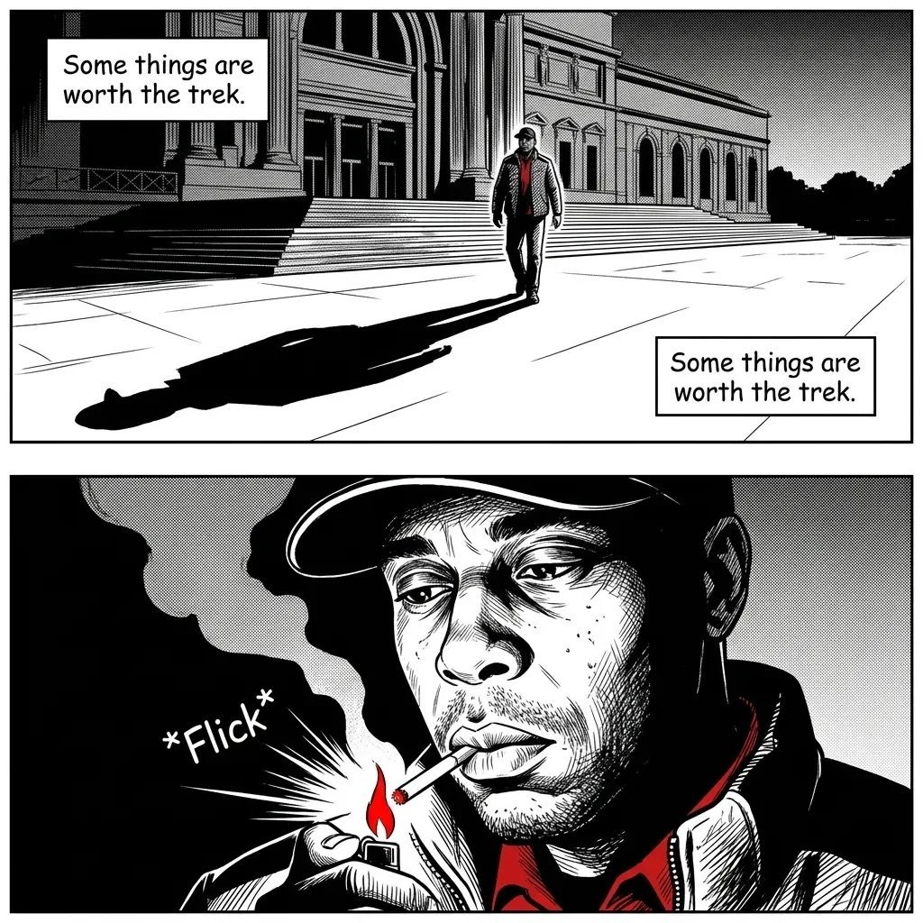 Black and white comic panel showing a man in formal wear on steps with shadow, then close-up of man lighting a cigarette with philosophical quote about worth and effort