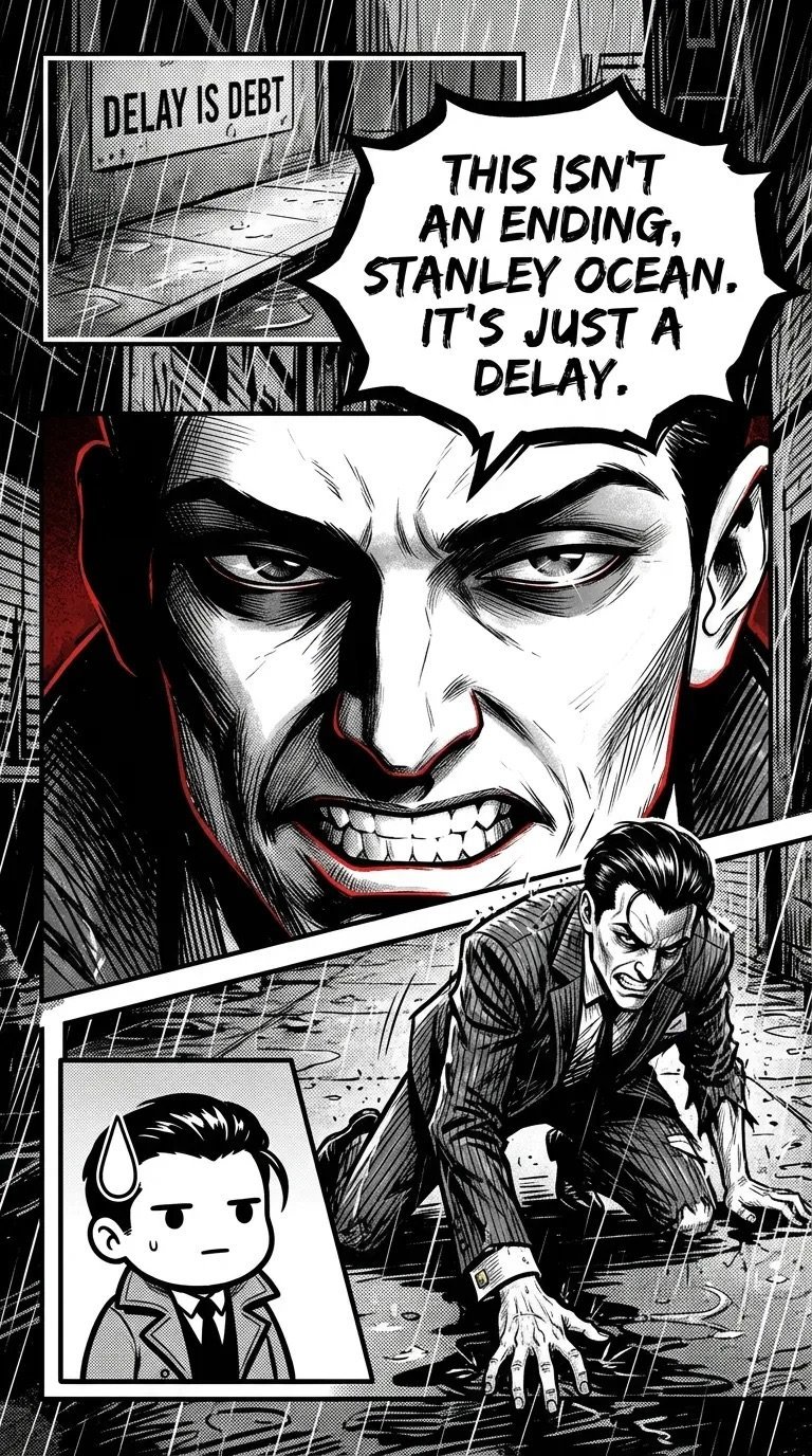 Black and white manga panel showing a sinister character looming over a businessman with dialogue about delay and debt