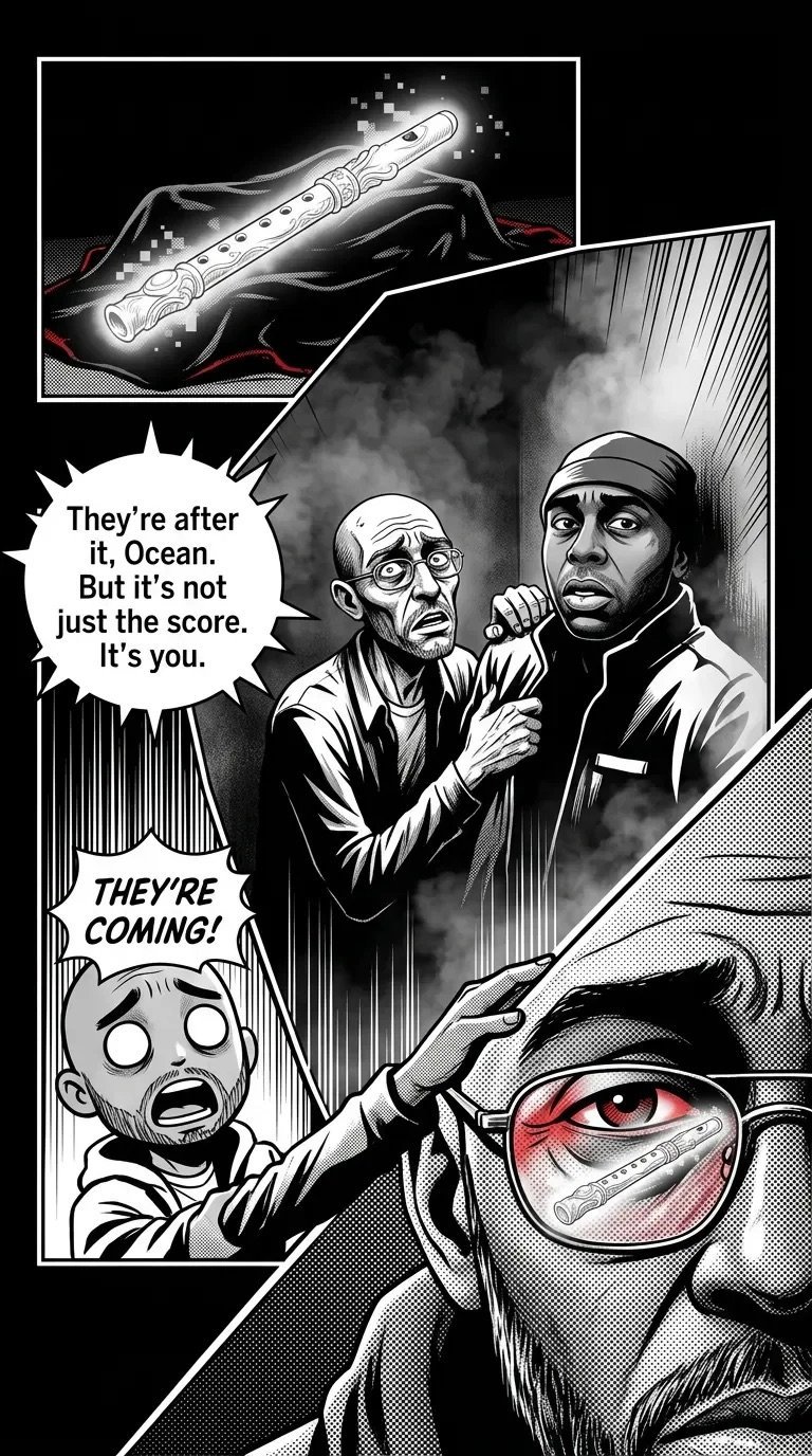 Black and white manga panel showing three men in distress discussing a glowing baseball bat, with urgent dialogue about danger approaching