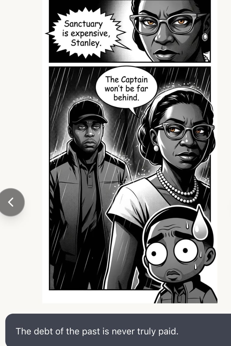 Black and white comic panels showing characters discussing sanctuary and debt, with text saying The debt of the past is never truly paid.