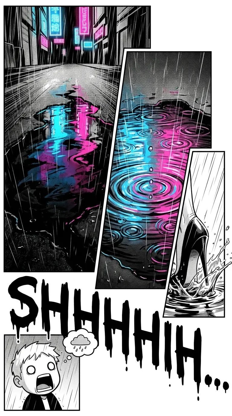 Comic panel showing neon-lit cyberpunk cityscape with blue and pink lights, geometric patterns, and character reacting with shock below
