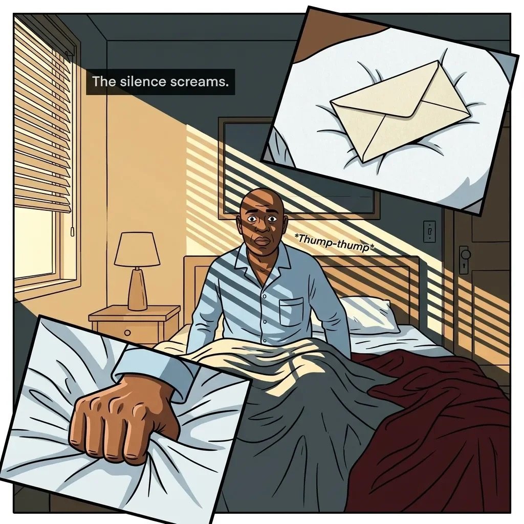 Man sitting anxiously on bed with clenched fist, thought bubbles showing envelope and thumbs up, caption reads The silence screams