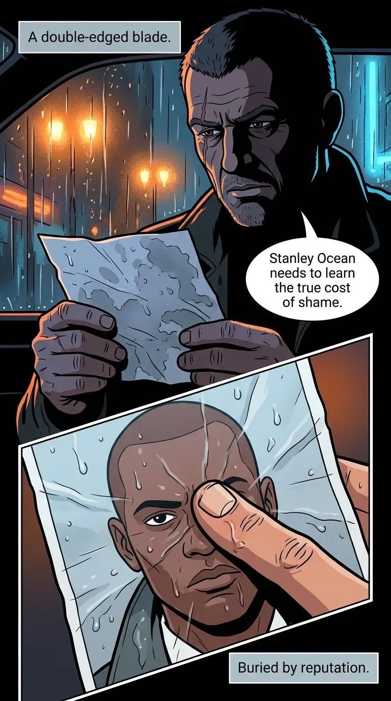Comic panel showing a stern man holding a wet photograph of another mans face, with dialogue about shame and reputation