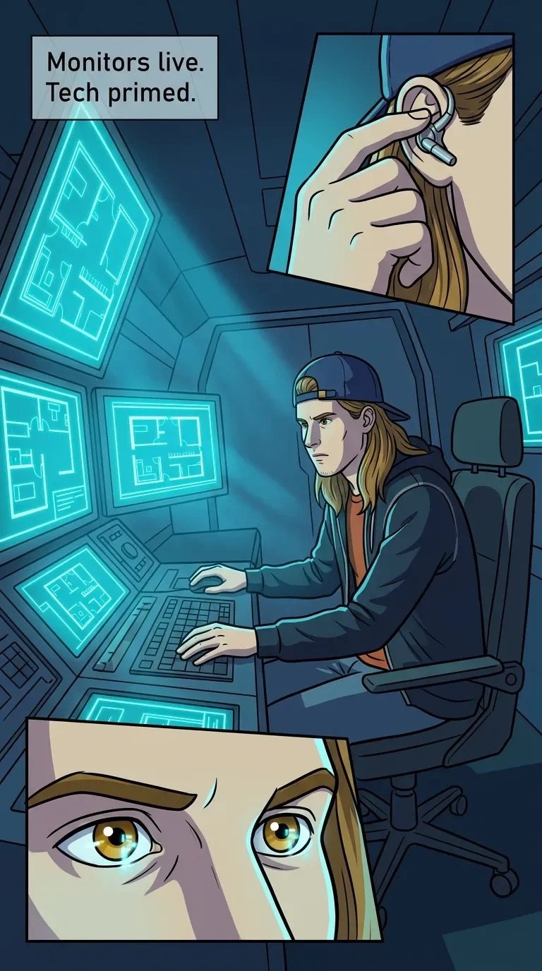 Comic illustration of a person at a desk surrounded by glowing monitors displaying blueprints, with close-ups of hands and eyes, captioned Monitors live. Tech primed.