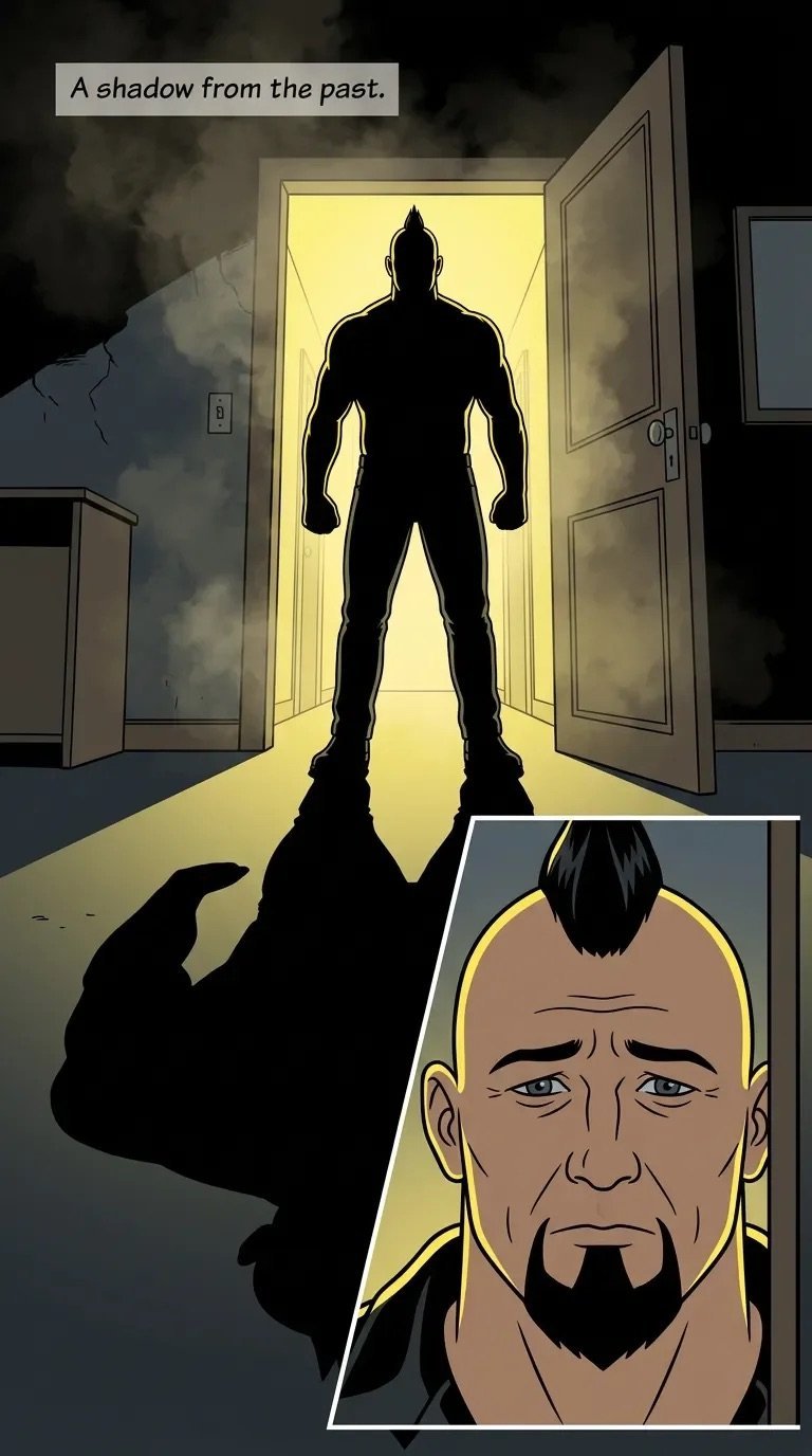 Comic panel showing a dark silhouette of a muscular figure standing in a doorway with yellow light, captioned A shadow from the past, with a close-up of a bearded mans concerned face below.