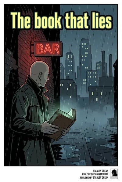 Bald man in dark coat holding an open book stands in rainy city street with glowing bar sign and skyscrapers behind him