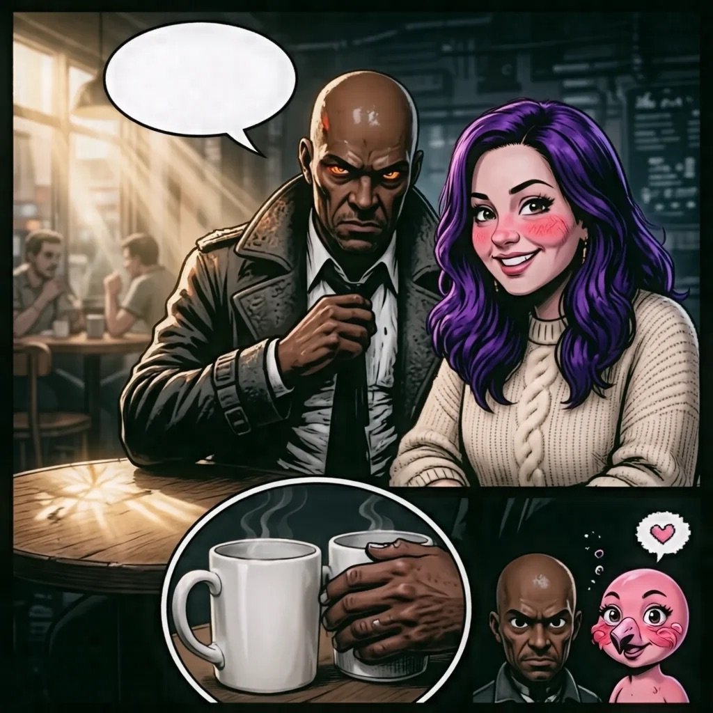 Comic panel showing a bald man and purple-haired woman talking in an office, with close-up of coffee cup and character expressions below