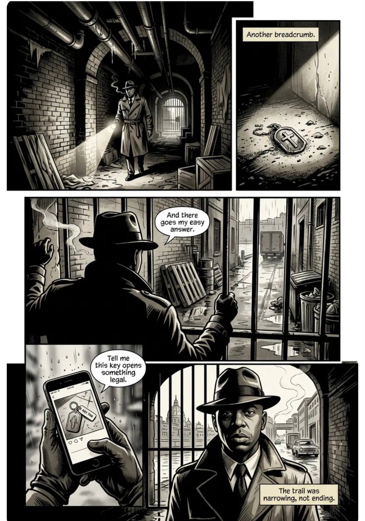 Black and white noir comic strip showing a detective investigating clues in an urban alley and apartment setting