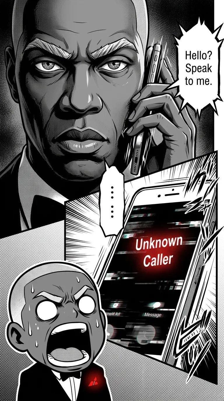 Manga-style illustration of a stern man on phone call with unknown caller, and frightened character below