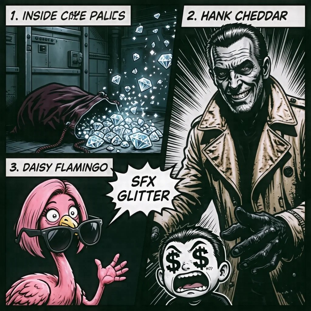 Comic panel grid showing three scenes: cave with glowing crystals, sinister man in trench coat, pink flamingo with goggles, and frightened character with dollar sign eyes