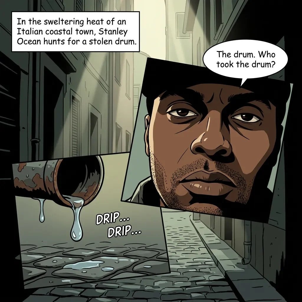 Comic panel showing a man in an Italian coastal town searching for a stolen drum, with a close-up of water dripping from a pipe