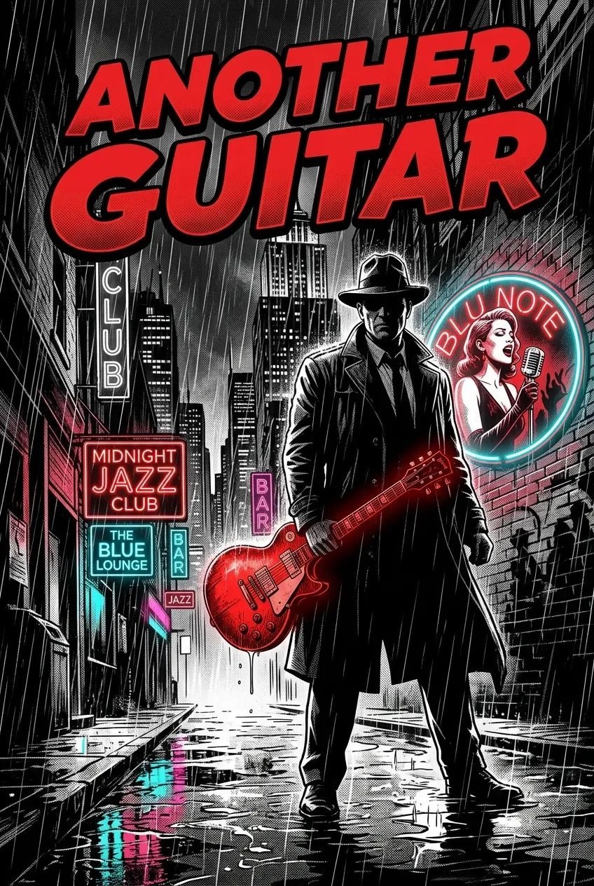 Film noir style illustration of a man in a fedora and coat holding a red electric guitar in a rainy urban street with neon jazz club signs