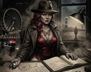 Steampunk woman with burgundy hair and fedora studying maps at desk in industrial city setting