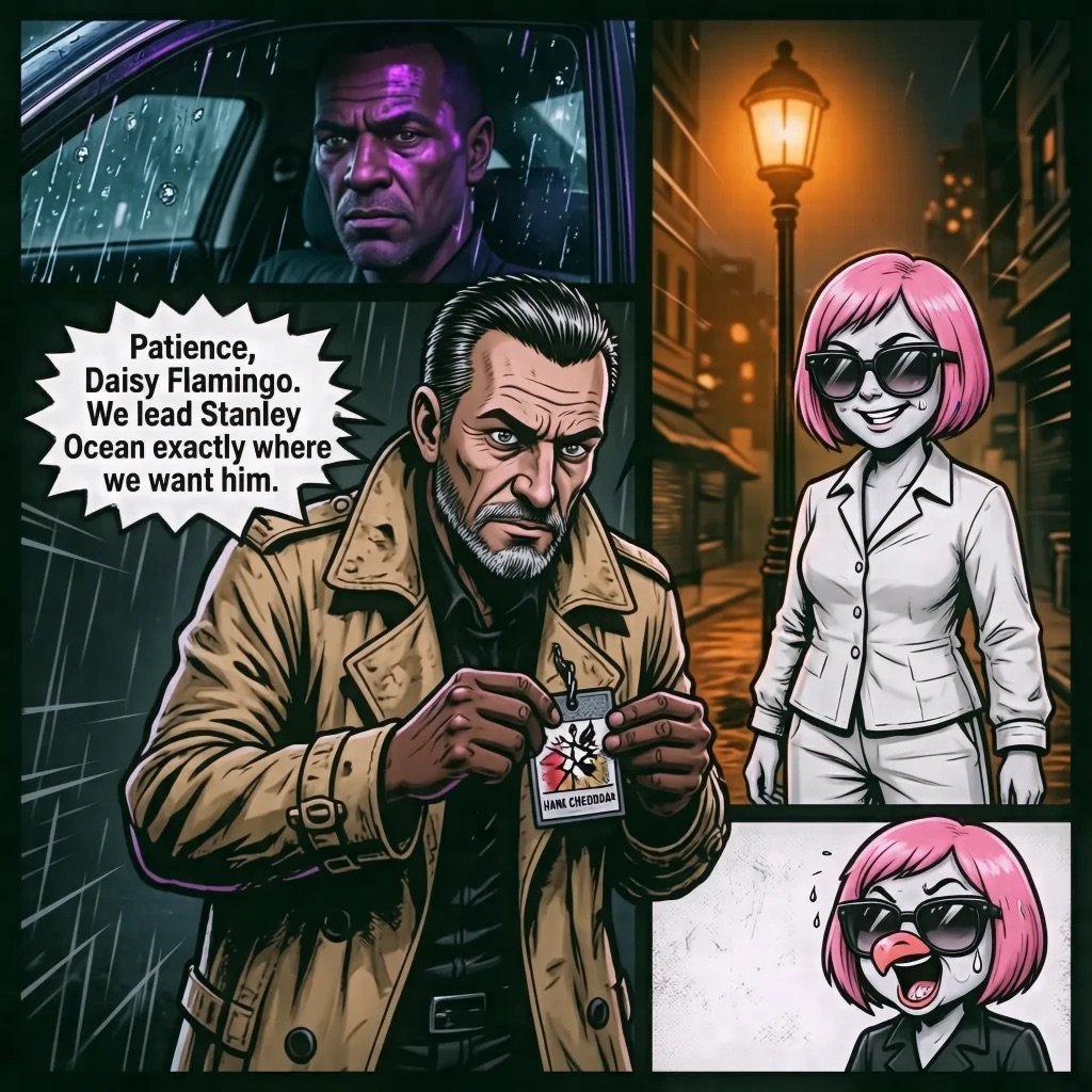 Cartoon style comic panel showing a man in a tan coat discussing a heist plan with a woman in pink hair and white outfit in a rain-soaked urban alley at night