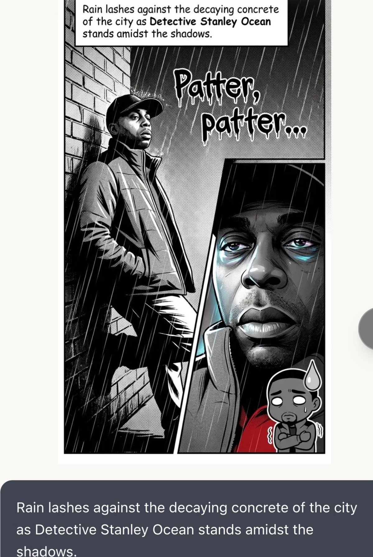 Comic panel of Detective Stanley Ocean standing in rain against brick wall, with close-up face showing determination.