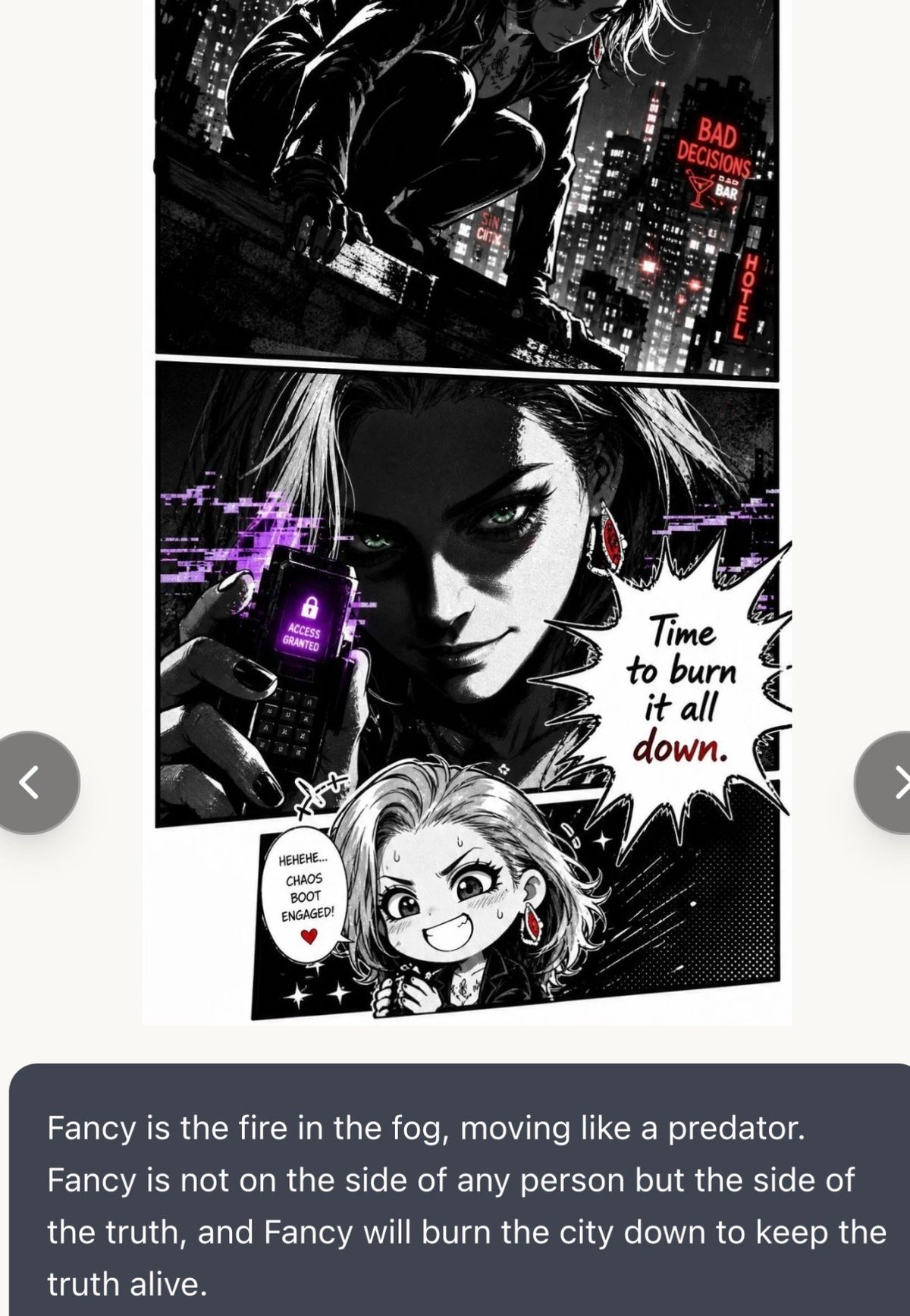 Black and white manga-style comic panels featuring a character with purple neon accents and text reading Time to burn it all down against a cityscape background
