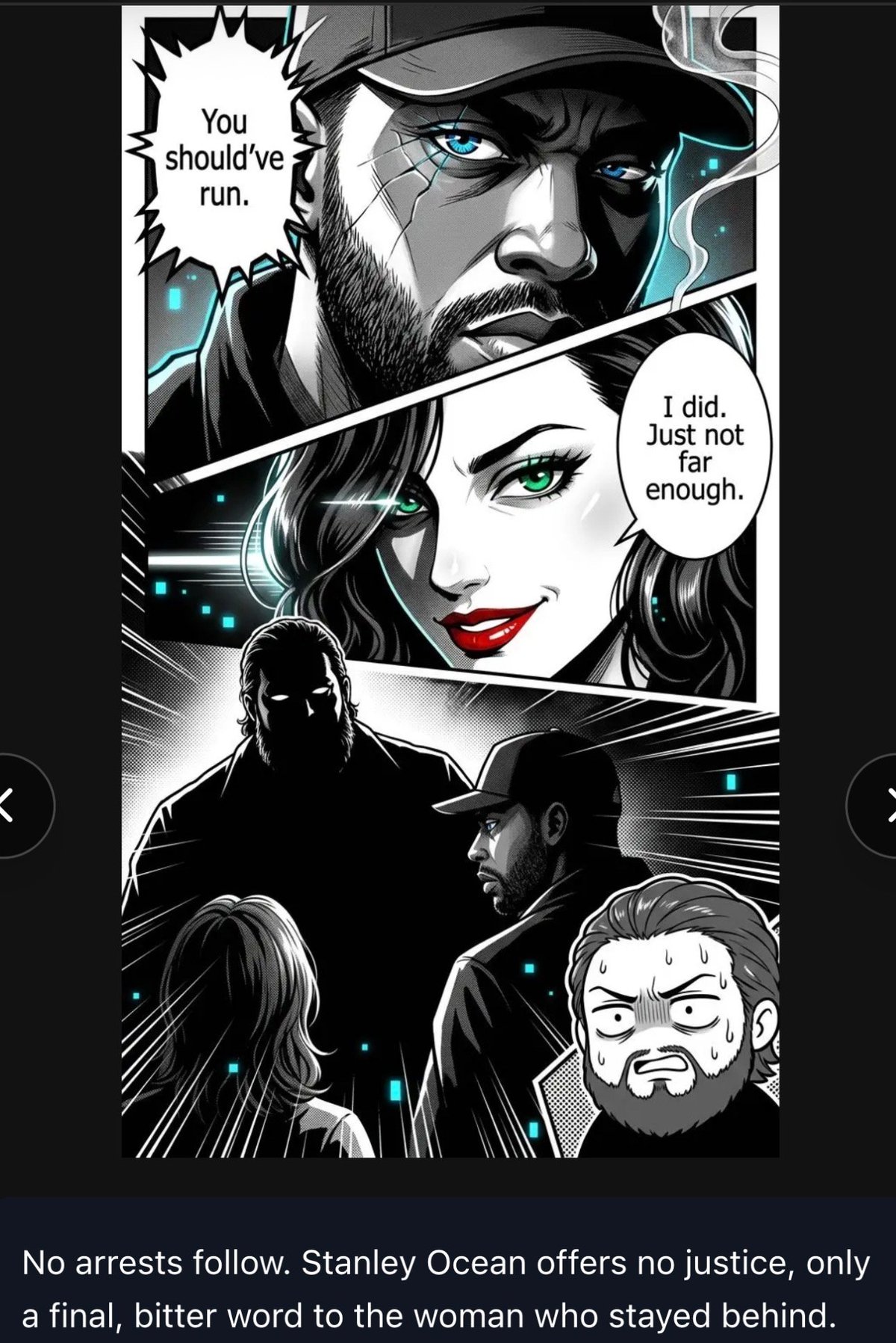 Comic book panel showing dramatic confrontation between multiple characters with dialogue about running and justice, featuring stylized black and white artwork with teal accents