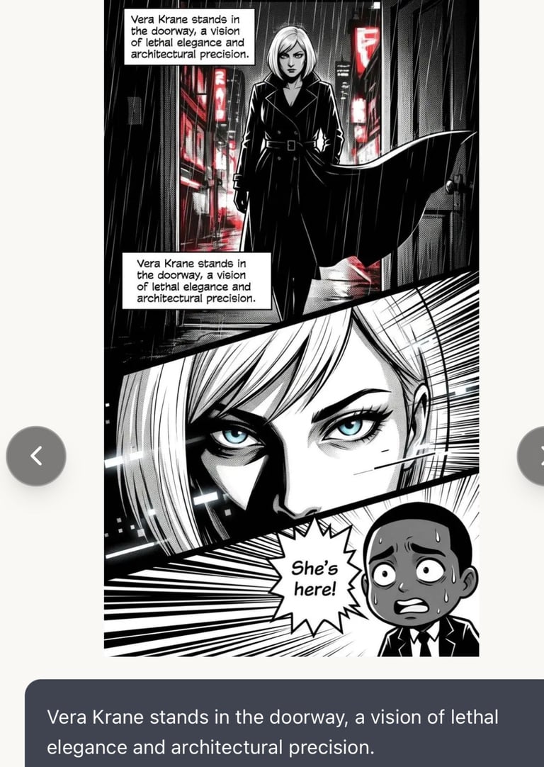 Black and white comic panel showing Vera Krane in dark coat standing in neon-lit doorway with another characters face close-up below