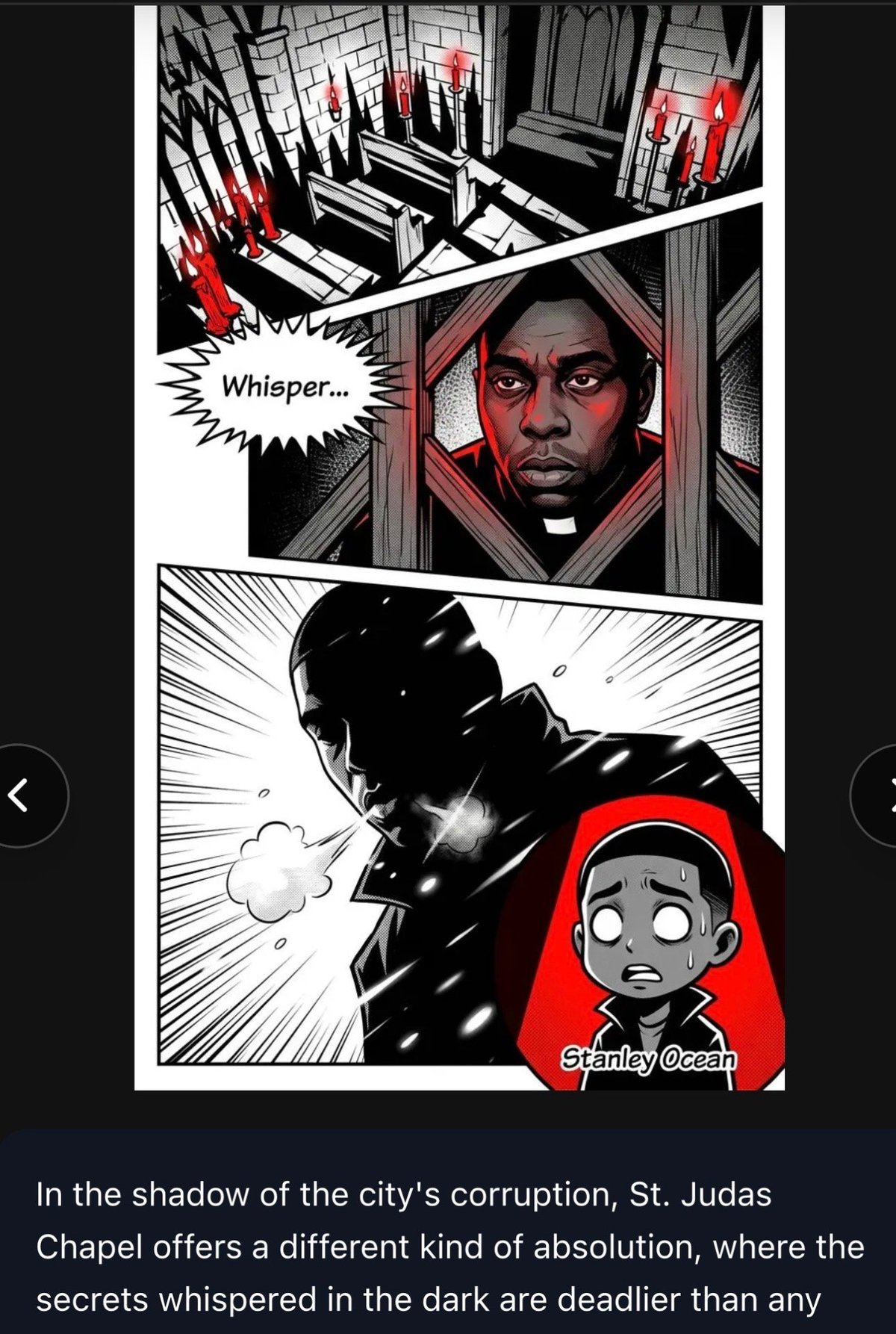 Comic panel showing a menacing figure whispering from a building window above a silhouetted character labeled Stanley Ocean in dramatic black and red art style