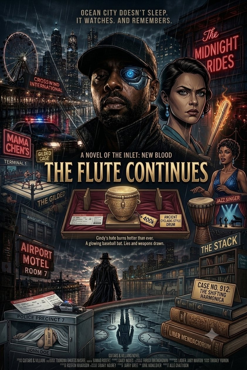 Book cover for The Flute Continues featuring two characters in a noir-style city setting with neon signs, an ornate flute, and moody nighttime atmosphere