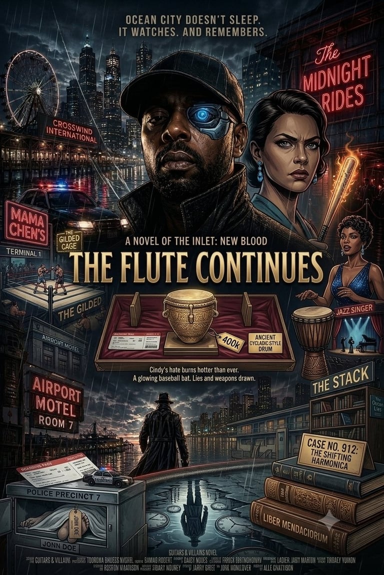 Book cover for The Flute Continues featuring two characters in a noir-style city setting with neon signs, an ornate flute, and moody nighttime atmosphere