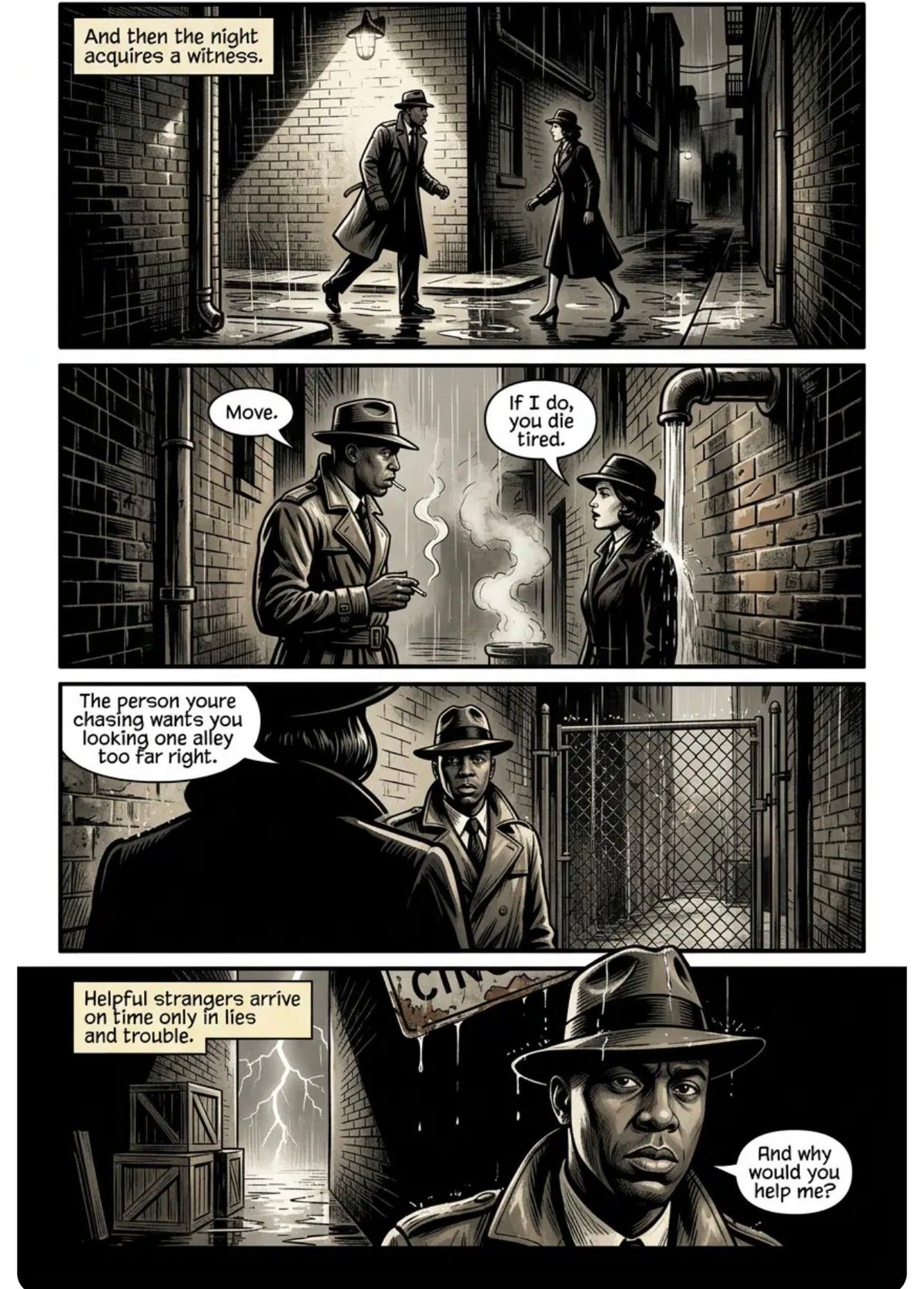 Black and white noir comic panel showing detectives questioning suspects in a rainy alley, with dramatic dialogue about a crime investigation.