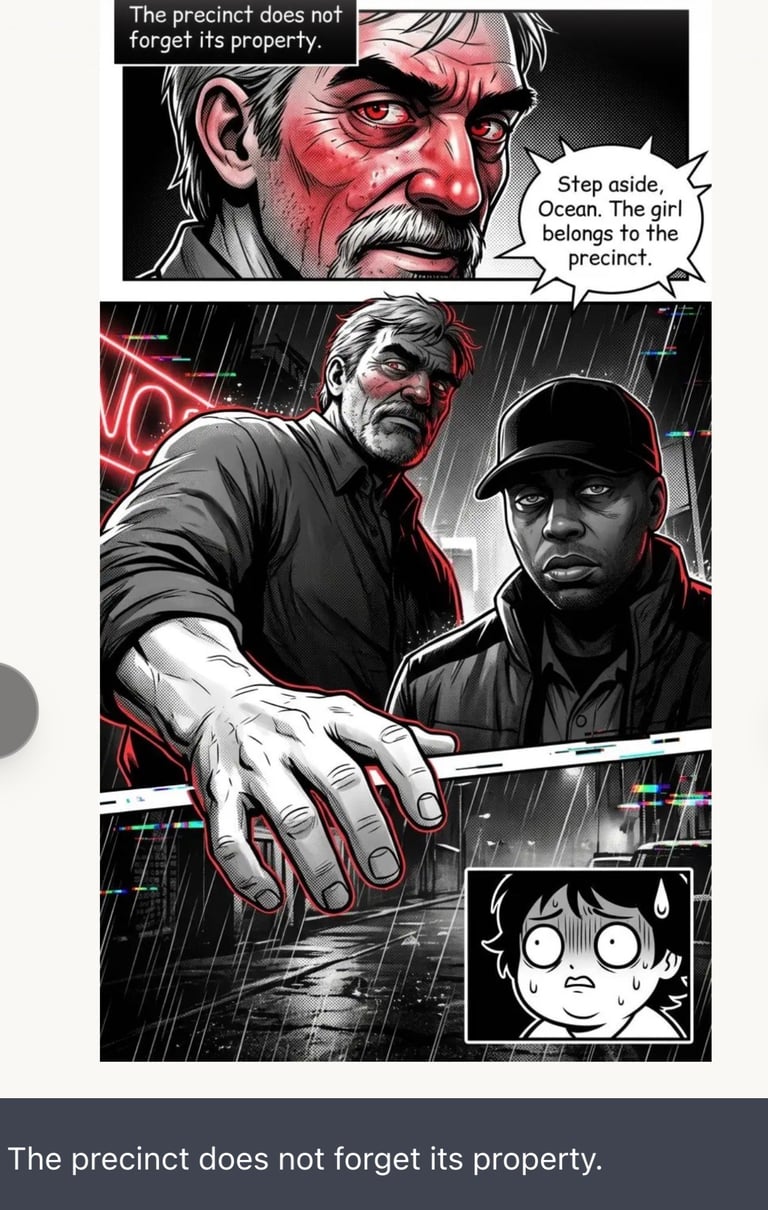 Comic strip showing a scarred older man claiming the girl belongs to the precinct, with two men in rain and a frightened childs close-up
