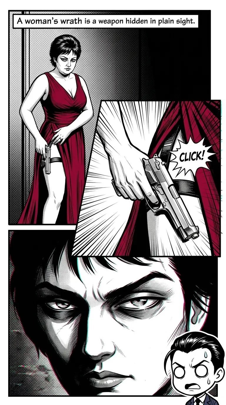 Black and white comic panel showing a woman in a red dress drawing a hidden gun, with text saying A womans wrath is a weapon hidden in plain sight