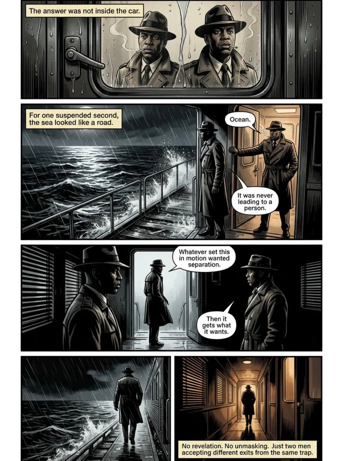 Film noir comic panel sequence showing two fedora-wearing detectives discussing a mysterious case involving separation and deception aboard a ship