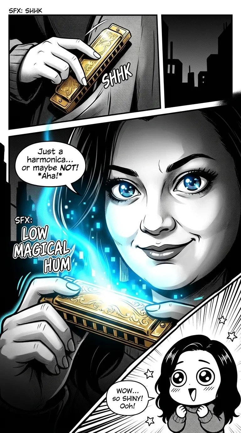 Comic panel showing a woman discovering a magical harmonica with glowing blue effects, expressing wonder and amazement