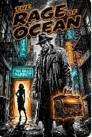 Movie poster for The Rage Ocean showing a silhouetted figure in a neon-lit cyberpunk city street with glowing signs and rain