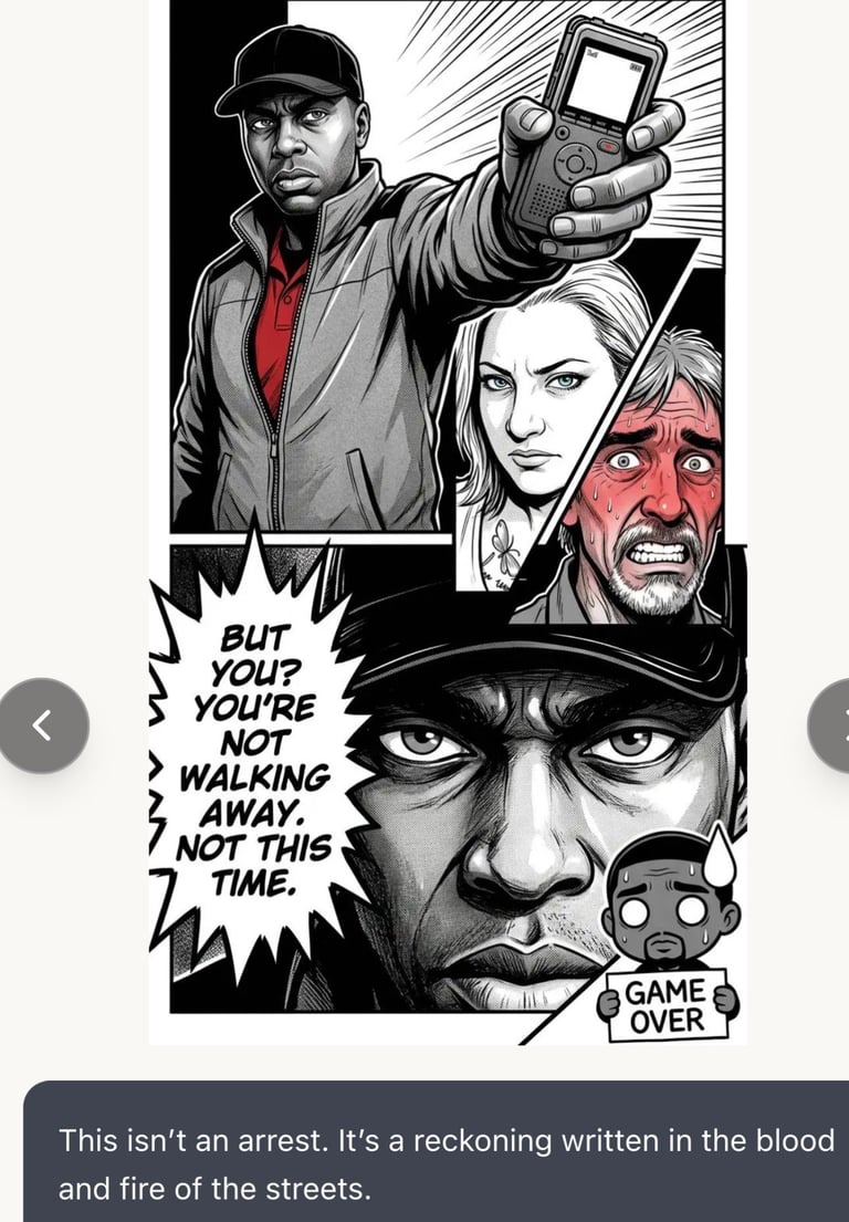 Black and white manga-style comic panel showing menacing figures with dialogue But you? Youre not walking away, not this time. and Game Over text.