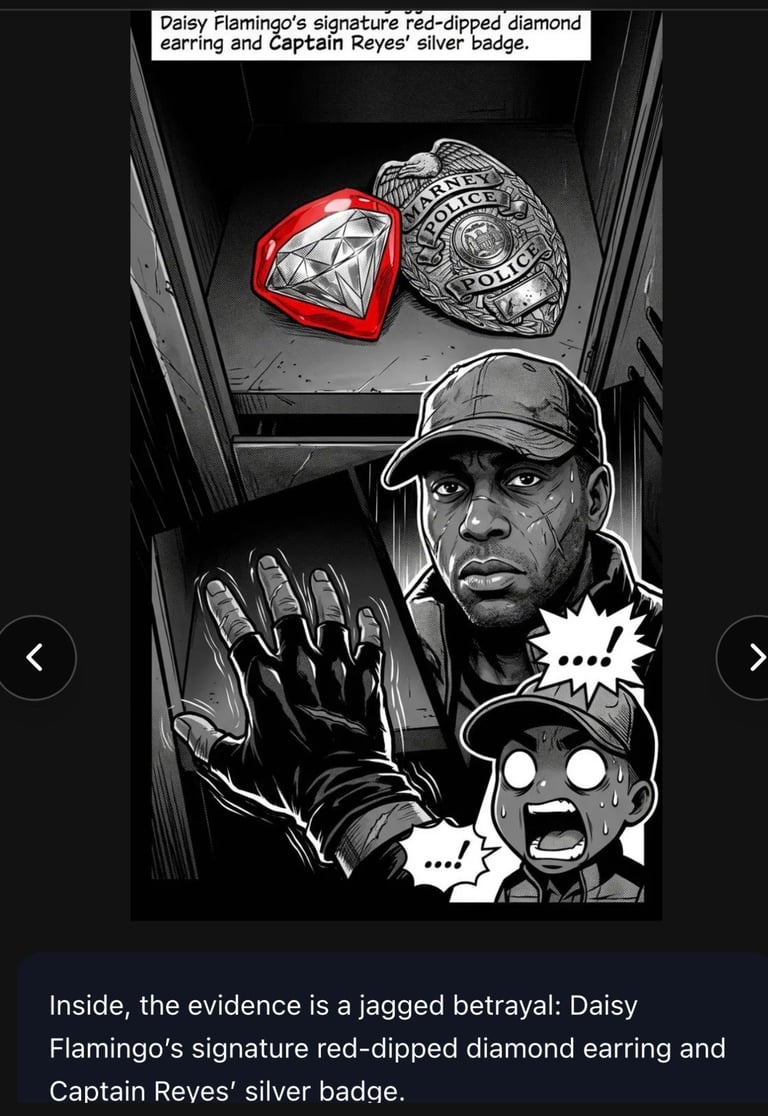 Black and white illustration showing a man in a cap looking down at evidence: a red diamond earring and silver police badge displayed above.
