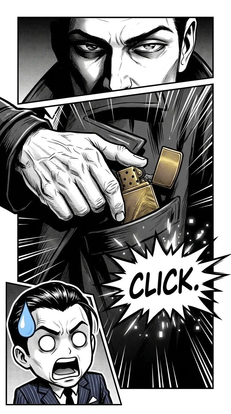 Manga-style illustration of a man in black clothing with a serious expression loading a gold lighter with CLICK sound effect and a shocked characters reaction below