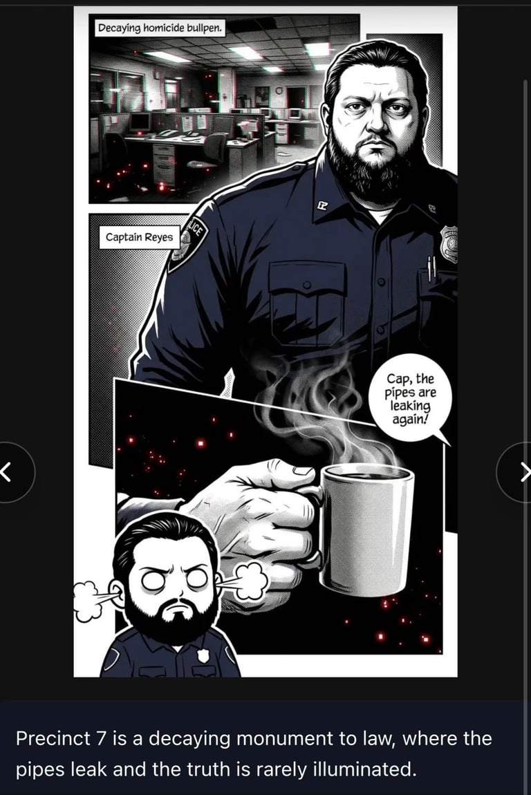 Comic-style illustration of Captain Reyes in uniform holding a steaming mug, with a smaller cartoon figure below and office setting in background