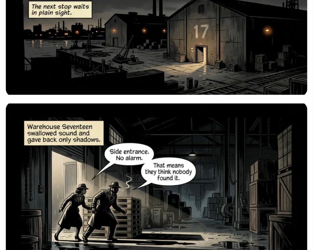 Two noir-style comic panels showing figures discussing a warehouse with numbered door 17 and side entrance in dramatic shadows