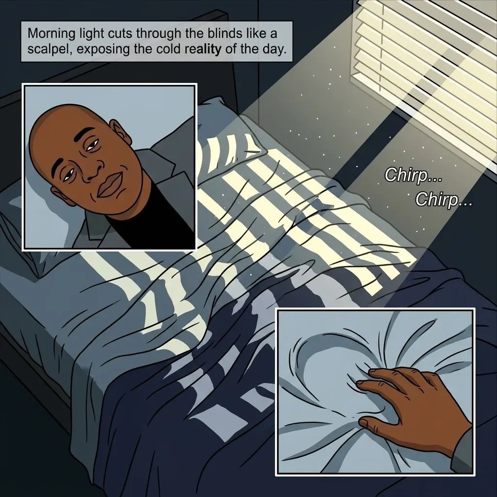 Comic panel showing person waking up in bed with morning light streaming through blinds, creating striped shadows. Speech bubble reads chirp chirp
