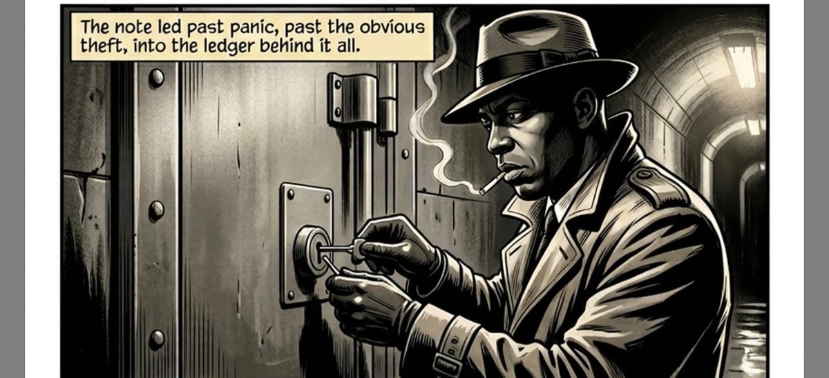 Film noir illustration of a man in fedora and coat examining a safe or wall panel with tools, with text about finding a hidden ledger