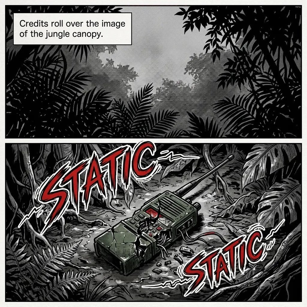Comic panel showing a jeep driving through dense jungle with STATIC sound effects as credits roll over the canopy scene
